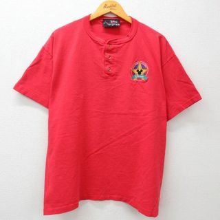 ディズニー(Disney)のXL★古着 半袖 ビンテージ Tシャツ メンズ 90年代 90s ディズニー DISNEY ミッキー MICKEY MOUSE 大きいサイズ コットン ヘンリーネック USA製 赤 レッド 23aug24 中古(Tシャツ/カットソー(半袖/袖なし))