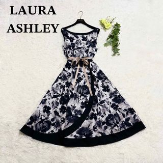 ローラアシュレイ(LAURA ASHLEY)の極美品 希少サイズ ローラアシュレイ ノースリーブワンピース 花柄 墨絵風(ロングワンピース/マキシワンピース)