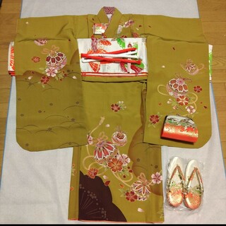 7歳七五三祝着物フルセット鶯色毬桜ジュニア用袋帯はこせこ(和服/着物)