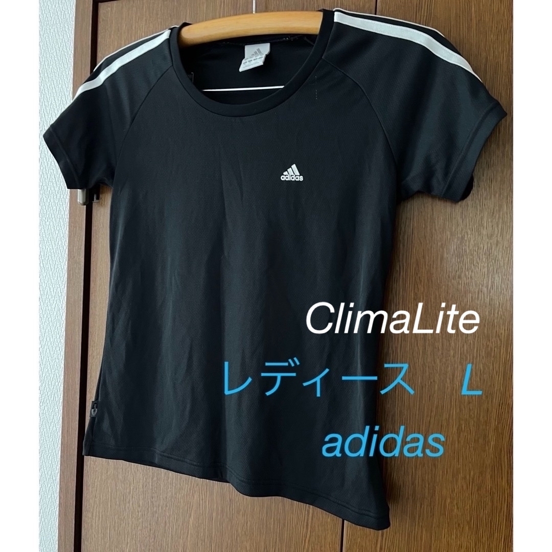 adidas(アディダス)のadidas 3stripe black Tシャツ　吸汗速乾レディース　Lサイズ スポーツ/アウトドアのトレーニング/エクササイズ(トレーニング用品)の商品写真