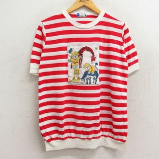 古着 半袖 ビンテージ Tシャツ レディース 80年代 80s クマ キリン シマウマ クルーネック USA製 赤他 レッド ボーダー 23aug28 中古(ミニワンピース)