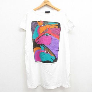 古着 半袖 ビンテージ Tシャツ レディース 90年代 90s 馬 アート 大きいサイズ コットン クルーネック USA製 白 ホワイト 23aug29 中古(ミニワンピース)