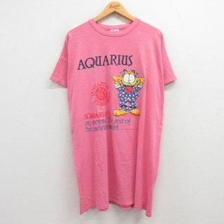 古着 半袖 ビンテージ Tシャツ ワンピース レディース 80年代 80s ガーフィールド ロング丈 クルーネック USA製 ピンク 23aug29 中古(ミニワンピース)