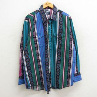 ラングラー(Wrangler)のXL★古着 ラングラー Wrangler 長袖 ウエスタン シャツ メンズ 90年代 90s ペイズリー柄 ネイティブ柄 ラグ柄 大きいサイズ ロング丈 緑他 グリーン ストライプ 【spe】 23aug26 中古 トップス(シャツ)