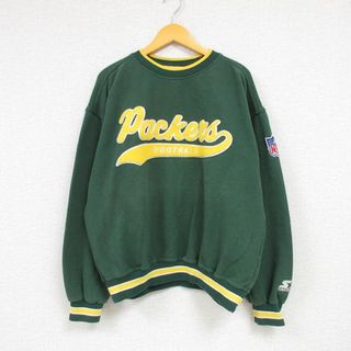 スターター(STARTER)のXL★古着 スターター STARTER 長袖 スウェット メンズ 90年代 90s NFL グリーンベイパッカーズ 鹿の子 大きいサイズ クルーネック 緑 グリーン アメフト スーパーボウル 【spe】 23aug31 中古 スエット トレーナー トップス(パーカー)