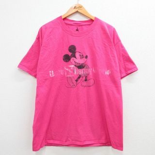 ディズニー(Disney)のXL★古着 ヘインズ Hanes 半袖 Tシャツ メンズ ディズニー DISNEY ミッキー MICKEY MOUSE コットン クルーネック ピンク 23aug26 中古(Tシャツ/カットソー(半袖/袖なし))