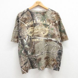 XL★古着 半袖 Tシャツ メンズ リアルツリー 魚 カジキマグロ 船 大きいサイズ コットン クルーネック 茶系他 ブラウン 迷彩 23aug31 中古(Tシャツ/カットソー(半袖/袖なし))