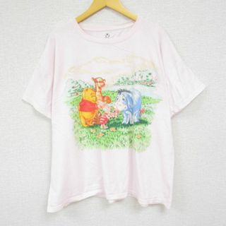 ディズニー(Disney)のXL★古着 半袖 Tシャツ メンズ ディズニー DISNEY くまのプーさん ティガー ピグレット 大きいサイズ コットン クルーネック 薄ピンク 23aug28 中古(Tシャツ/カットソー(半袖/袖なし))