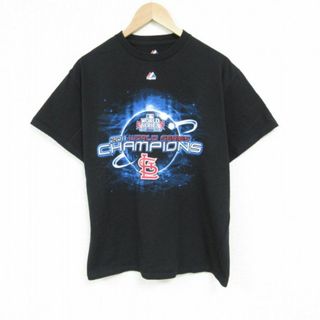 マジェスティック(Majestic)のL★古着 マジェスティック 半袖 Tシャツ メンズ MLB セントルイスカージナルス ワールドシリーズ コットン クルーネック 黒 ブラック メジャーリーグ ベースボール 野球 23aug28 中古(Tシャツ/カットソー(半袖/袖なし))