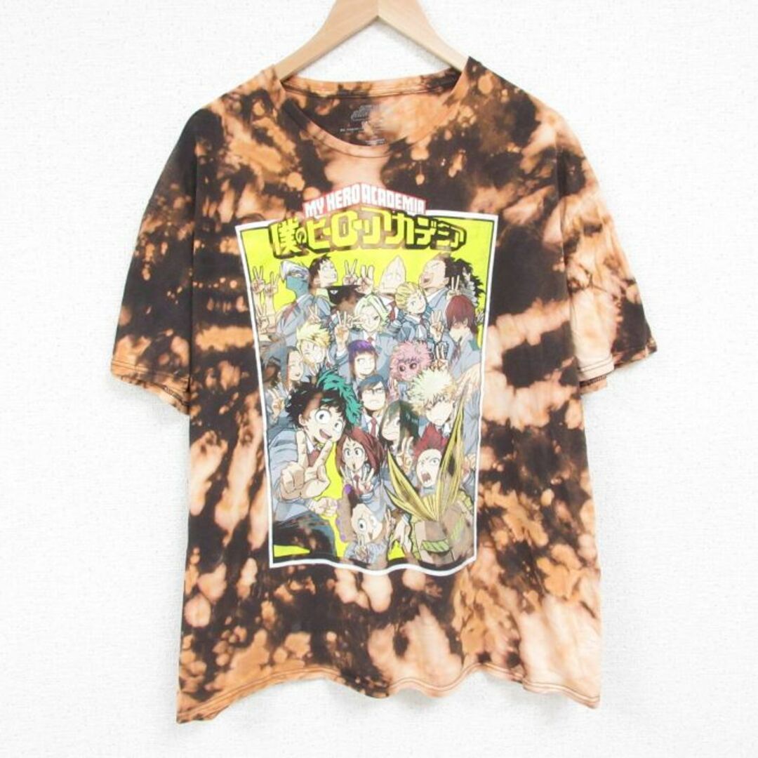 XL★古着 半袖 Tシャツ メンズ アニメ 僕のヒーローアカデミア 緑谷出久 グリーン デク 大きいサイズ コットン クルーネック 黒他 ブラック ブリーチ加工 23aug28 中古 メンズのトップス(Tシャツ/カットソー(半袖/袖なし))の商品写真