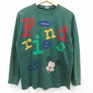 ディズニー(Disney)のL★古着 ベネトン BENETTON 長袖 ビンテージ Tシャツ メンズ 90年代 90s ディズニー DISNEY ミッキー MICKEY MOUSE コットン クルーネック イタリア製 緑 グリーン 23aug29 中古(Tシャツ/カットソー(半袖/袖なし))