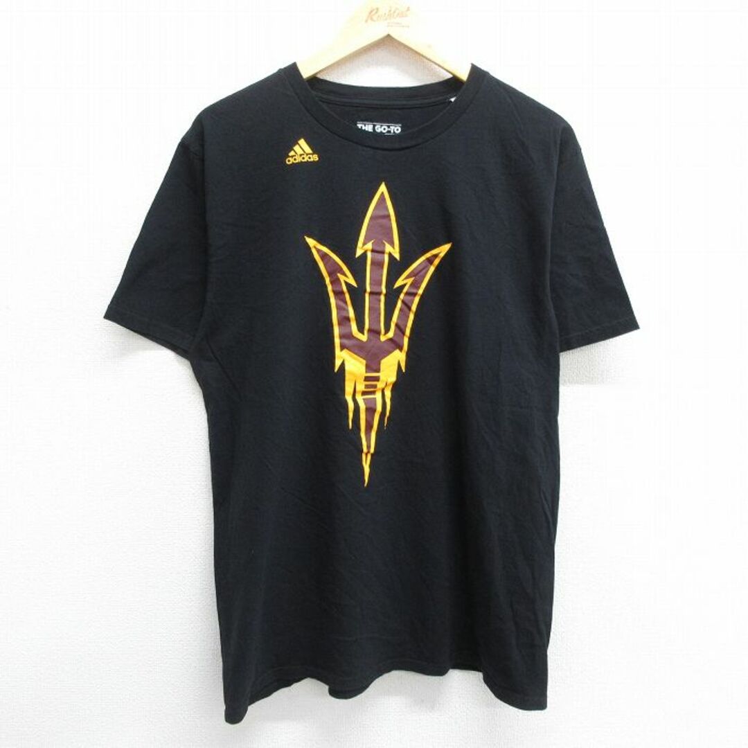 adidas(アディダス)のL★古着 アディダス adidas 半袖 ブランド Tシャツ メンズ ワンポイントロゴ アリゾナステイトサンデビルズ コットン クルーネック 黒 ブラック 23aug26 中古 メンズのトップス(Tシャツ/カットソー(半袖/袖なし))の商品写真