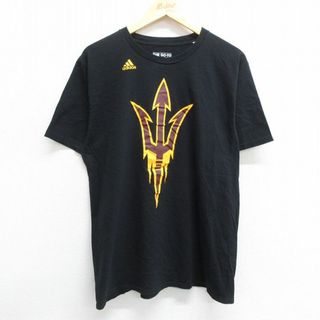 アディダス(adidas)のL★古着 アディダス adidas 半袖 ブランド Tシャツ メンズ ワンポイントロゴ アリゾナステイトサンデビルズ コットン クルーネック 黒 ブラック 23aug26 中古(Tシャツ/カットソー(半袖/袖なし))