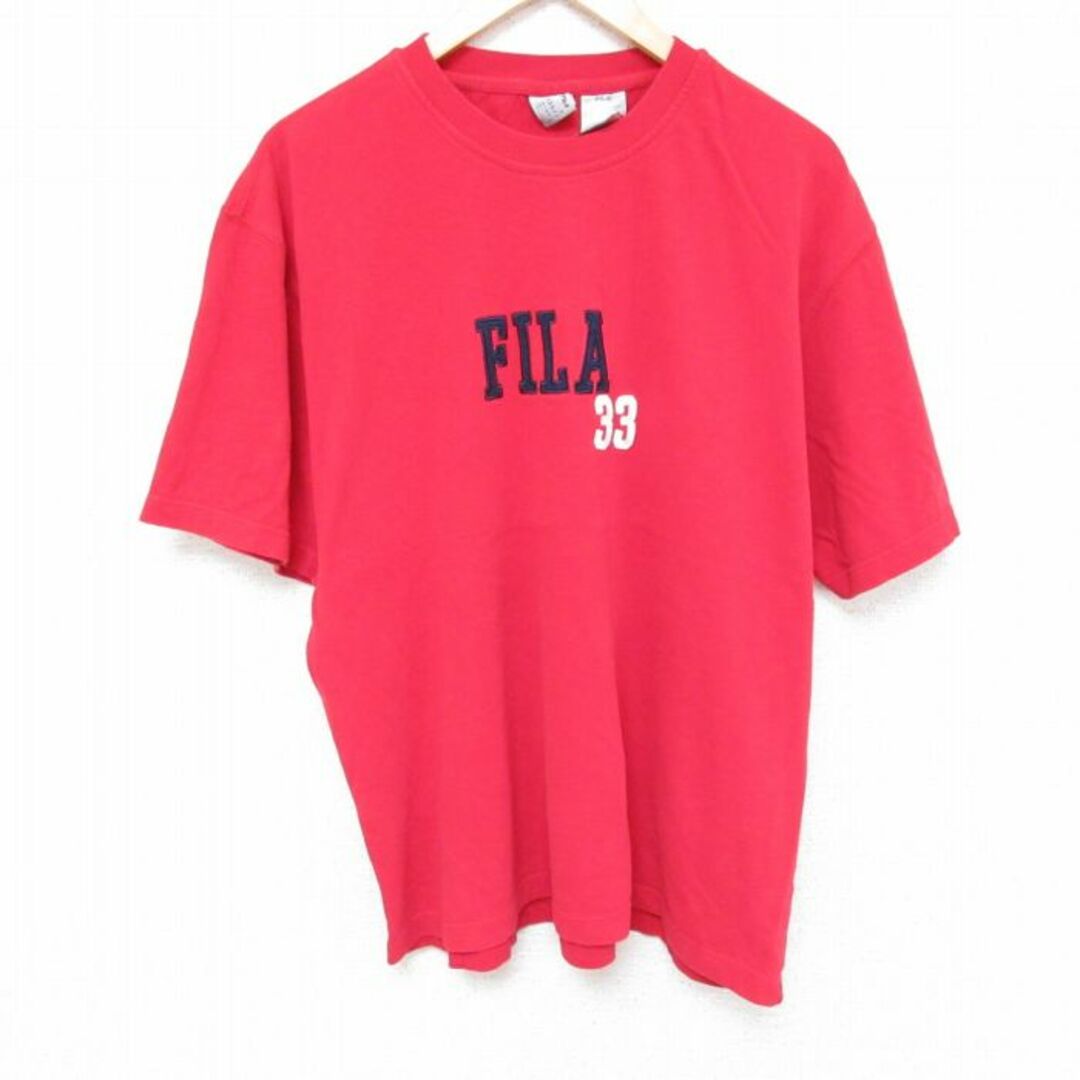 FILA(フィラ)のXL★古着 フィラ FILA 半袖 ブランド Tシャツ メンズ ビッグロゴ 刺繍 コットン クルーネック 赤 レッド 23aug26 中古 メンズのトップス(Tシャツ/カットソー(半袖/袖なし))の商品写真