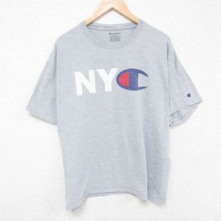 チャンピオン(Champion)のXL★古着 チャンピオン Champion 半袖 ブランド Tシャツ メンズ ビッグロゴ NY クルーネック グレー 霜降り 23aug26 中古(Tシャツ/カットソー(半袖/袖なし))