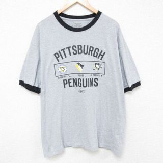 リーボック(Reebok)のXL★古着 リーボック REEBOK 半袖 ブランド Tシャツ メンズ NHL ピッツバーグペンギンズ 大きいサイズ クルーネック グレー リンガー 霜降り アイスホッケー 23aug26 中古(Tシャツ/カットソー(半袖/袖なし))