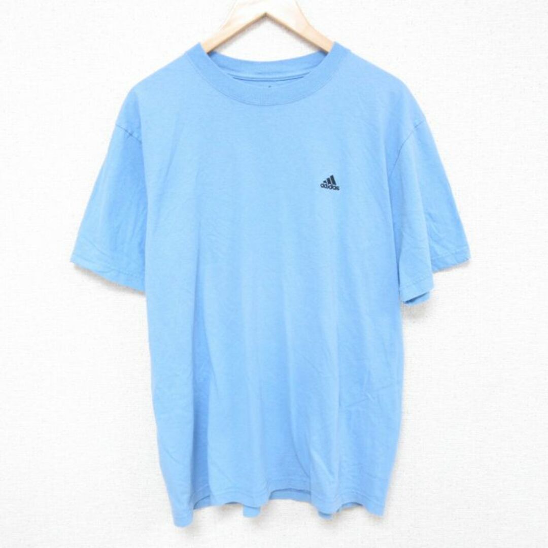 adidas(アディダス)のXL★古着 アディダス adidas 半袖 ブランド Tシャツ メンズ ワンポイントロゴ コットン クルーネック 水色 23aug26 中古 メンズのトップス(Tシャツ/カットソー(半袖/袖なし))の商品写真