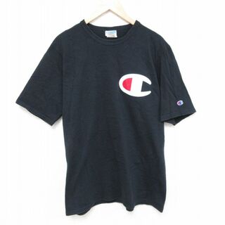 チャンピオン(Champion)のXL★古着 チャンピオン Champion 半袖 ブランド Tシャツ メンズ ワンポイントロゴ コットン クルーネック 黒 ブラック 23aug26 中古(Tシャツ/カットソー(半袖/袖なし))