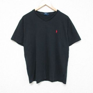 ラルフローレン(Ralph Lauren)のL★古着 ラルフローレン Ralph Lauren 半袖 ブランド Tシャツ メンズ 90年代 90s ワンポイントロゴ コットン Vネック 黒 ブラック 23aug26 中古(Tシャツ/カットソー(半袖/袖なし))