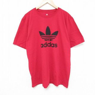 アディダス(adidas)のXL★古着 アディダス adidas 半袖 ブランド Tシャツ メンズ ビッグロゴ リーフ トレフォイル 大きいサイズ コットン クルーネック 赤 レッド 23aug26 中古(Tシャツ/カットソー(半袖/袖なし))