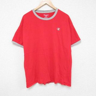 チャンピオン(Champion)のXL★古着 チャンピオン Champion 半袖 ブランド Tシャツ メンズ ワンポイントロゴ クルーネック 赤 レッド リンガー 23aug26 中古(Tシャツ/カットソー(半袖/袖なし))