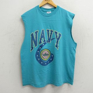 ヘインズ(Hanes)のL★古着 ヘインズ Hanes ビンテージ ノースリーブ Tシャツ メンズ 80年代 80s ミリタリー ネイビー NAVY コットン クルーネック USA製 水色系 23aug29 中古(タンクトップ)