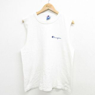 チャンピオン(Champion)のL★古着 チャンピオン champion ビンテージ ノースリーブ Tシャツ メンズ 90年代 90s ワンポイントロゴ コットン クルーネック USA製 白 ホワイト 23aug29 中古(タンクトップ)