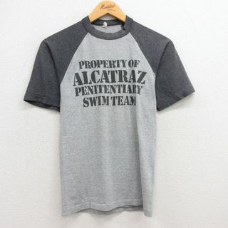 XS★古着 半袖 ビンテージ Tシャツ メンズ 80年代 80s ALCATRAZ ラグラン ツートンカラー クルーネック グレー 霜降り他 23aug26 中古(Tシャツ/カットソー(半袖/袖なし))