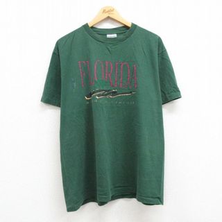 XL★古着 半袖 ビンテージ Tシャツ メンズ 90年代 90s フロリダ コットン クルーネック USA製 緑 グリーン 23aug26 中古(Tシャツ/カットソー(半袖/袖なし))