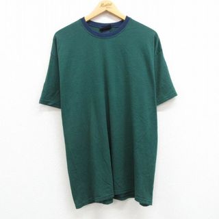 XL★古着 ベーシックエディションズ 半袖 ビンテージ Tシャツ メンズ 00年代 00s 無地 クルーネック 緑他 グリーン ボーダー 【spe】 23aug26 中古(Tシャツ/カットソー(半袖/袖なし))