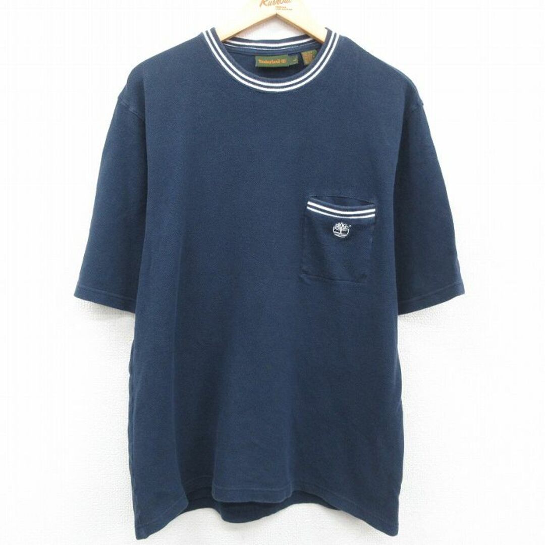 Timberland(ティンバーランド)のXL★古着 ティンバーランド 半袖 ビンテージ Tシャツ メンズ 00年代 00s ワンポイントロゴ 胸ポケット付き 鹿の子 コットン クルーネック 紺他 ネイビー 23aug28 中古 メンズのトップス(Tシャツ/カットソー(半袖/袖なし))の商品写真