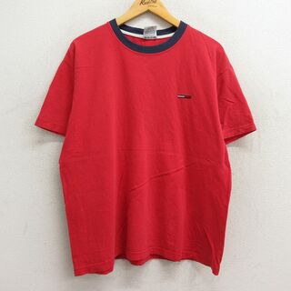 トミーヒルフィガー(TOMMY HILFIGER)のXL★古着 トミーヒルフィガー TOMMY HILFIGER トミージーンズ 半袖 ビンテージ ブランド Tシャツ メンズ 90年代 90s ワンポイントロゴ コットン クルーネック USA製 赤他 レッド 23aug28 中古(Tシャツ/カットソー(半袖/袖なし))