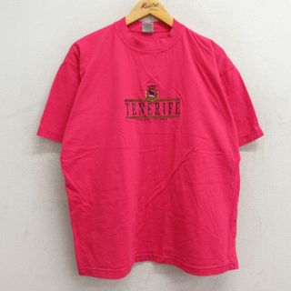 XL★古着 半袖 ビンテージ Tシャツ メンズ 00年代 00s テネリフェ 刺繍 コットン クルーネック 濃ピンク 23aug29 中古(Tシャツ/カットソー(半袖/袖なし))