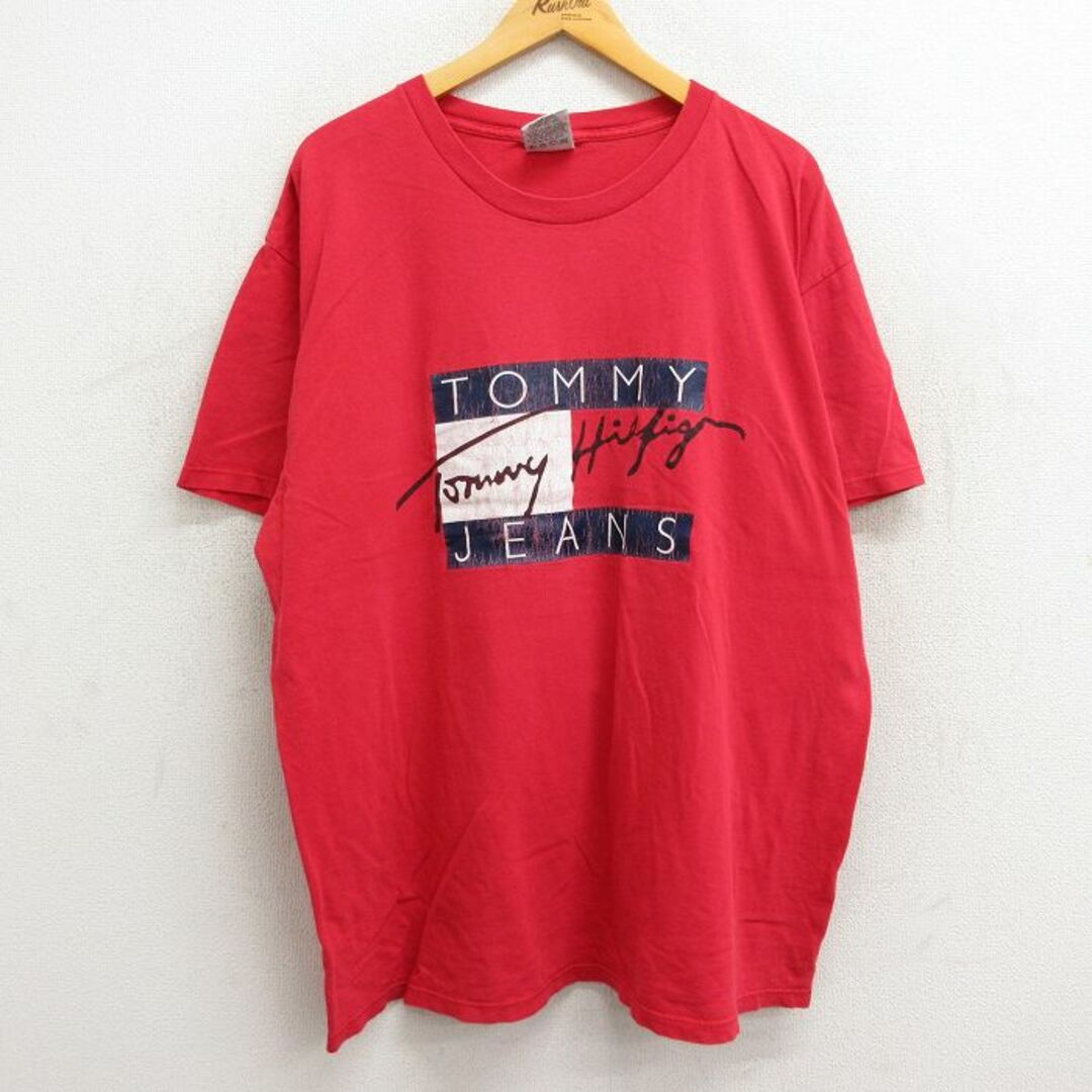 TOMMY HILFIGER(トミーヒルフィガー)のXL★古着 トミーヒルフィガー TOMMY HILFIGER トミージーンズ 半袖 ビンテージ ブランド Tシャツ メンズ 90年代 90s ビッグロゴ 大きいサイズ コットン クルーネック USA製 赤 レッド 23aug29 中古 メンズのトップス(Tシャツ/カットソー(半袖/袖なし))の商品写真