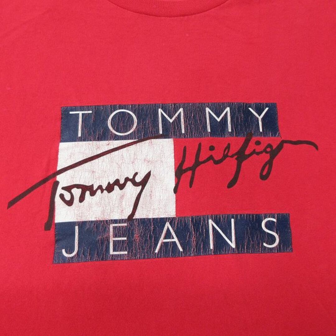 TOMMY HILFIGER(トミーヒルフィガー)のXL★古着 トミーヒルフィガー TOMMY HILFIGER トミージーンズ 半袖 ビンテージ ブランド Tシャツ メンズ 90年代 90s ビッグロゴ 大きいサイズ コットン クルーネック USA製 赤 レッド 23aug29 中古 メンズのトップス(Tシャツ/カットソー(半袖/袖なし))の商品写真