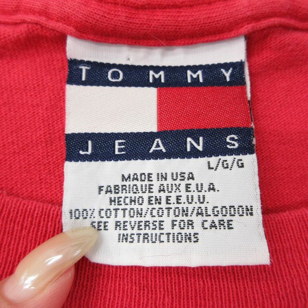 TOMMY HILFIGER(トミーヒルフィガー)のXL★古着 トミーヒルフィガー TOMMY HILFIGER トミージーンズ 半袖 ビンテージ ブランド Tシャツ メンズ 90年代 90s ビッグロゴ 大きいサイズ コットン クルーネック USA製 赤 レッド 23aug29 中古 メンズのトップス(Tシャツ/カットソー(半袖/袖なし))の商品写真