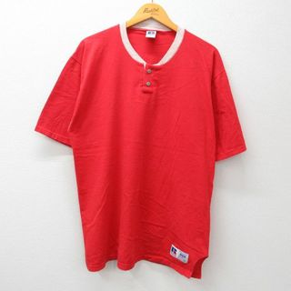 XL★古着 ラッセル 半袖 ビンテージ Tシャツ メンズ 90年代 90s 無地 コットン ヘンリーネック USA製 赤他 レッド 23aug29 中古(Tシャツ/カットソー(半袖/袖なし))