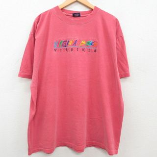 XL★古着 半袖 ビンテージ Tシャツ メンズ 90年代 90s バージニア ビーチ 刺繍 大きいサイズ コットン クルーネック 薄赤 レッド 23aug31 中古(Tシャツ/カットソー(半袖/袖なし))