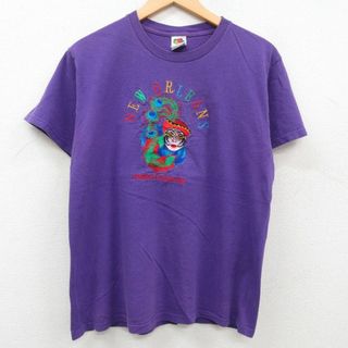 フルーツオブザルーム(FRUIT OF THE LOOM)のL★古着 フルーツオブザルーム 半袖 ビンテージ Tシャツ メンズ 00年代 00s ニューオーリンズ 刺繍 コットン クルーネック 紫 パープル 霜降り 23aug31 中古(Tシャツ/カットソー(半袖/袖なし))