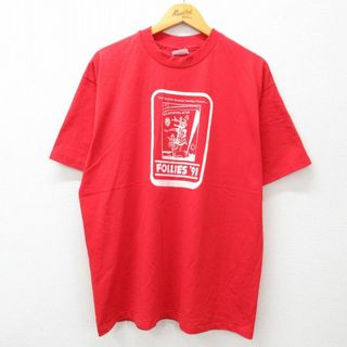 ヘインズ(Hanes)のXL★古着 ヘインズ Hanes 半袖 ビンテージ Tシャツ メンズ 90年代 90s フォリーズ クルーネック USA製 赤 レッド 23aug31 中古(Tシャツ/カットソー(半袖/袖なし))