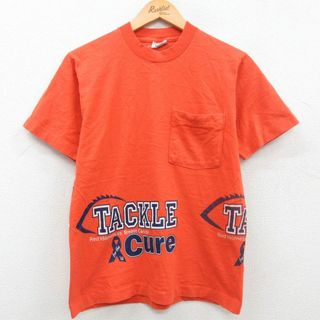 M★古着 半袖 ビンテージ Tシャツ メンズ 90年代 90s TACKLE cure 胸ポケット付き マルチプリント コットン クルーネック USA製 オレンジ 【spe】 23aug31 中古(Tシャツ/カットソー(半袖/袖なし))