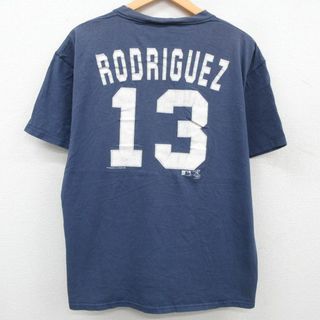 ゲス(GUESS)のXL★古着 リー Lee 半袖 ビンテージ Tシャツ メンズ 00年代 00s MLB ニューヨークヤンキース アレックスロドリゲス クルーネック 薄紺 ネイビー メジャーリーグ ベースボール 野球 23aug31 中古(Tシャツ/カットソー(半袖/袖なし))