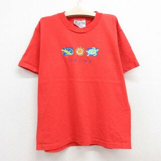 古着 半袖 ビンテージ Tシャツ キッズ ボーイズ 子供服 90年代 90s トカゲ カメ MAINE コットン クルーネック USA製 赤 レッド 23sep04(シャツ/カットソー)