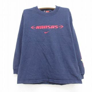 ナイキ(NIKE)の古着 ナイキ NIKE 長袖 ビンテージ Tシャツ キッズ ボーイズ 子供服 00年代 00s カンザス コットン クルーネック 紺 ネイビー 23sep04(シャツ/カットソー)