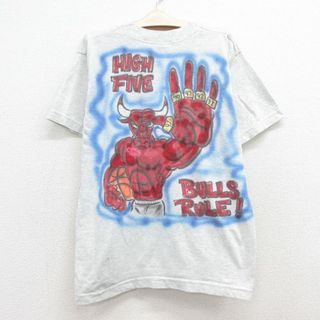 フルーツオブザルーム(FRUIT OF THE LOOM)の古着 フルーツオブザルーム 半袖 ビンテージ Tシャツ キッズ ボーイズ 子供服 00年代 00s NBA シカゴブルズ ハンドペイント エアブラシ クルーネック 薄グレー 霜降り バスケットボール 23sep04(シャツ/カットソー)