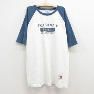 トミーヒルフィガー(TOMMY HILFIGER)の古着 トミーヒルフィガー TOMMY HILFIGER 半袖 ビンテージ ブランド Tシャツ キッズ ボーイズ 子供服 90年代 90s ビッグロゴ ツートンカラー ラグラン コットン クルーネック USA製 白他 ホワイト 23sep04(シャツ/カットソー)