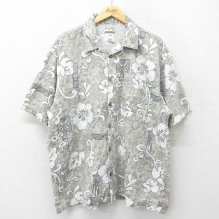 XL★古着 クイックシルバー QUIKSILVER 半袖 ハワイアン シャツ メンズ ハイビスカス 大きいサイズ コットン 開襟 オープンカラー グレー系他 23sep04 中古 アロハ トップス(シャツ)