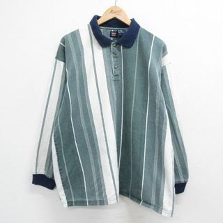 XL★古着 長袖 ポロ シャツ メンズ 00年代 00s 大きいサイズ コットン 緑他 グリーン ストライプ 23sep04 中古 トップス(ポロシャツ)