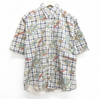 ウールリッチ(WOOLRICH)のL★古着 ウールリッチ WOOLRICH 半袖 シャツ メンズ 00年代 00s 魚 リール 総柄 コットン ボタンダウン USA製 ベージュ系他 カーキ チェック 23sep01 中古 トップス(シャツ)