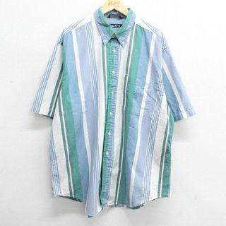 ノーティカ(NAUTICA)のXL★古着 ノーティカ NAUTICA 半袖 ブランド シャツ メンズ 90年代 90s ワンポイントロゴ ロング丈 大きいサイズ コットン ボタンダウン USA製 白他 ホワイト ストライプ 23sep01 中古 トップス(シャツ)